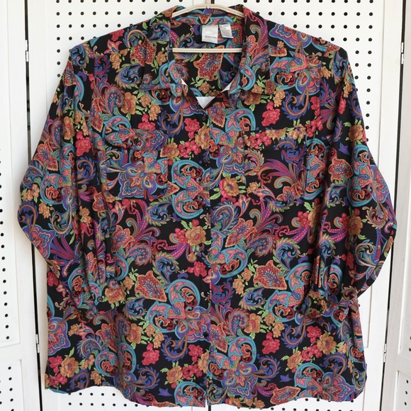 Roaman's Tops - Roaman's Womens Plus SIZE 3X Multicolor LS Paisley Floral Collared Button Up Top